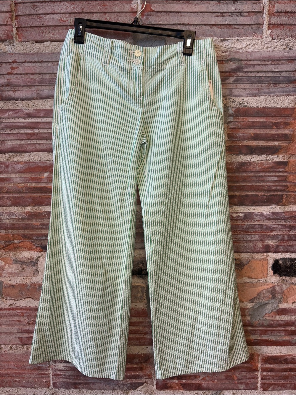 Tommy Hilfiger Seersucker Green & White Striped Lowrise Wide Leg Pants